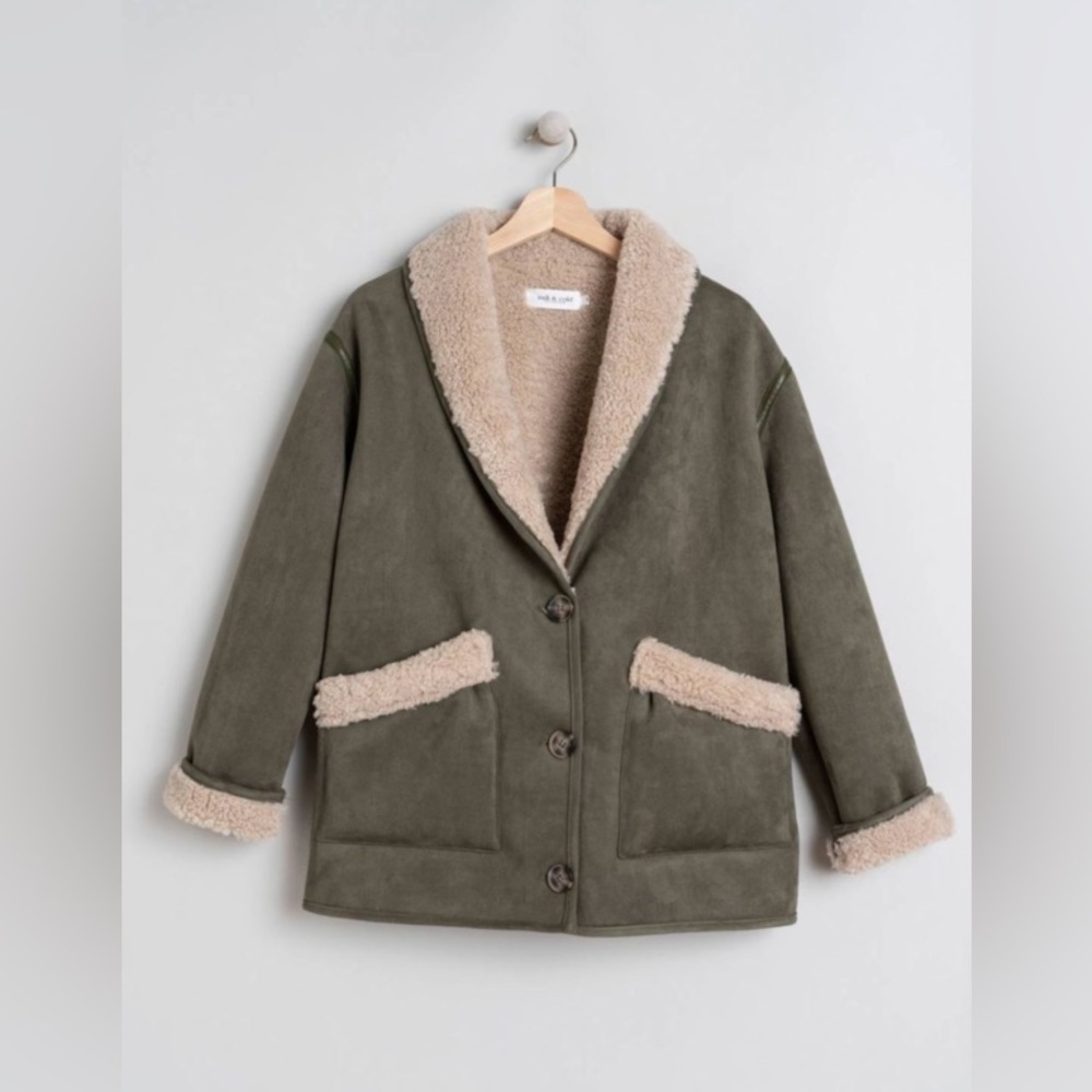 Indi & Cold Short Shearling Coat in Khaki - Picture 7 of 14